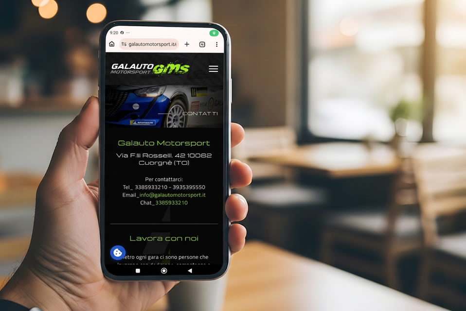 Screenshot del sito web di noleggio auto da rally Galauto Motorsport su smartphone